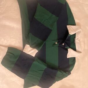 SHEIN Green and Navy Striped Shirt with White Collar